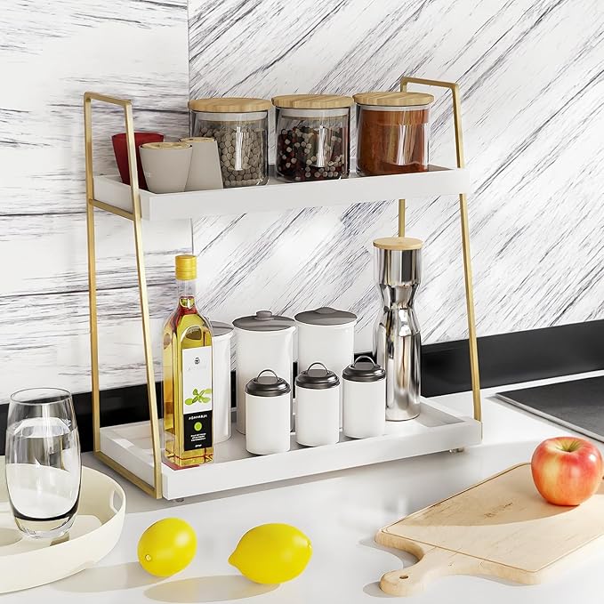 Bathroom Countertop Organizer, Counter Organizer for Modern Farmhouse Decor, Wooden Vanity Shelf for Makeup Storage, 2 Tier Stand Bathroom Tray for Perfume, Lotion Bottle, Toiletries, Plants