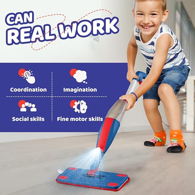 Kids Spray Mop Real with Sprayer + 2PCS Mop Pads, Toddler Cleaning Tool Real Works for Realistic Housekeeping Cleaner Pretend Play Toys Montessori Mini Mop & Sweeper for Kids Aged 3+