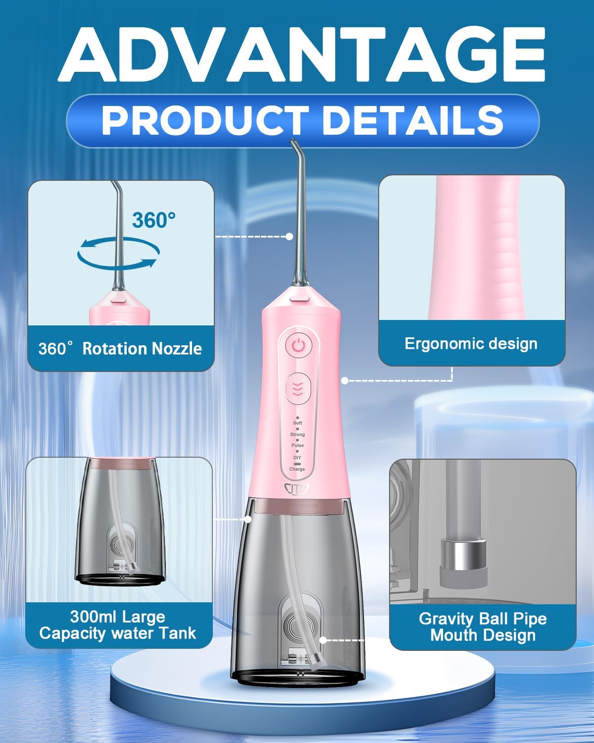 JTF Water Dental Flosser Picks for Teeth - 4 Modes Cordless Oral Irrigator, 300ML Portable Water Flosser & Rechargeable IPX7 Waterproof Water Teeth Cleaner for Home Travel with 9 Jet Tips (Pink)