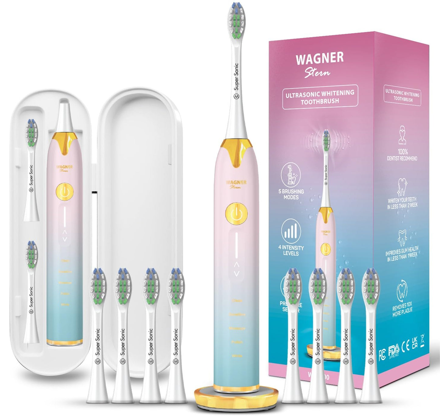 Wagner Stern Ultrasonic whitening Toothbrush with Pressure Sensor. 5 Brushing Modes and 4 Levels of Intensity, 8 Soft bristles, Travel case.