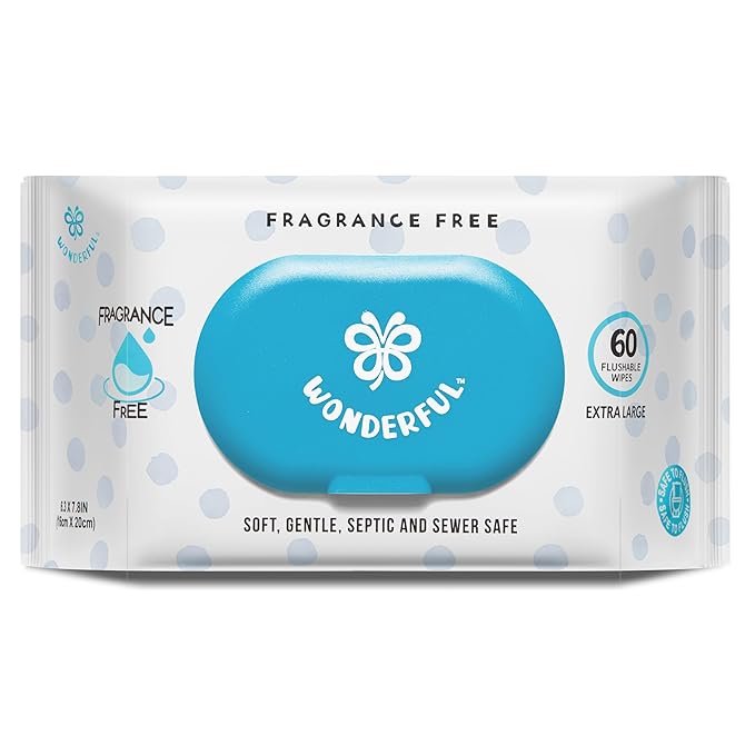WONDERFUL Flushable Butt Wipes, Unscented 100% Plant-Based Wet Wipes for Adults & Kids, Sewer & Septic Safe, Gentle for Sensitive Skin, Wipes Flushable Pack for Bathroom & Travel, 1-Pack (60 Wipes)