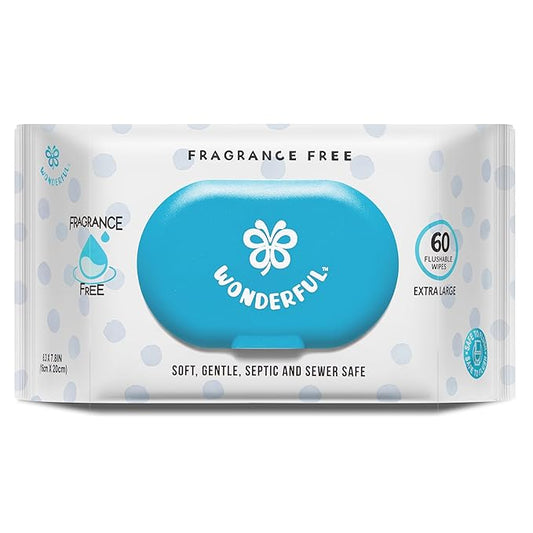 WONDERFUL Flushable Butt Wipes, Unscented 100% Plant-Based Wet Wipes for Adults & Kids, Sewer & Septic Safe, Gentle for Sensitive Skin, Wipes Flushable Pack for Bathroom & Travel, 1-Pack (60 Wipes)