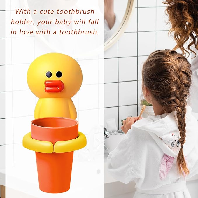 Kids Toothbrushes Holder Animal Tooth Cup Holder,Mouthwash Cup Rack for Children,Wall Mounted Sucker Toothpaste Storage Set Cute Household Toothpaste Rack No Punching Shelf Bracket with Cup (Chick)