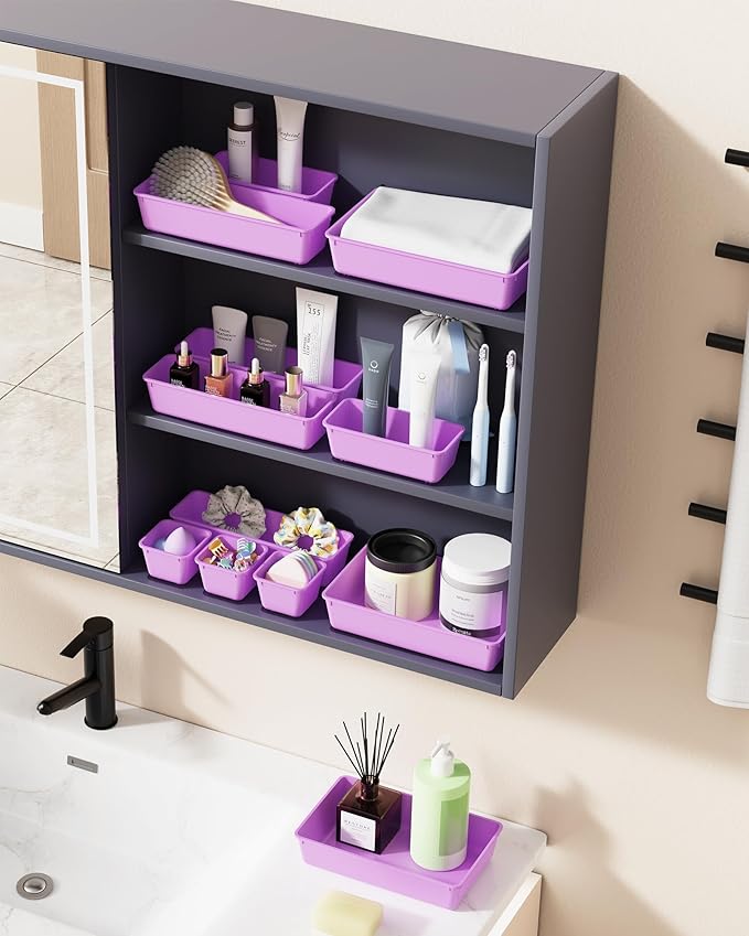 25 PCS Plastic Drawer Organizers Set, 4-Sizes Vanity and Makeup Organizer, Desk and bathroom Drawer Organizer Trays, Organizers and Storage for Makeup, Jewelry, Gadgets, Utensils (Purple)