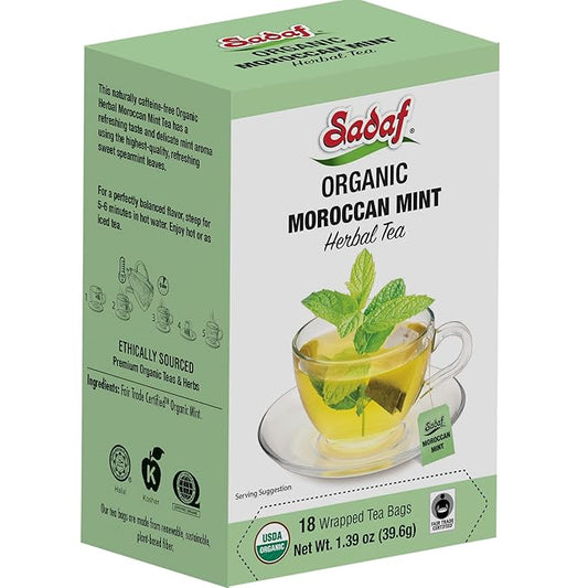 Sadaf Organic Moroccan Mint Tea - Mint Tea Bags - Ideal for Hot or Iced Tea - Organic Herbal Tea - Kosher - 18 Wrapped Tea Bags