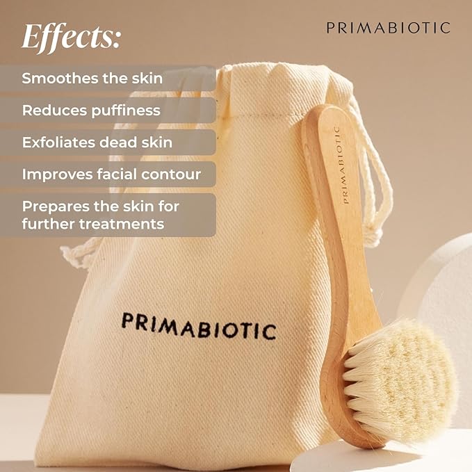 Primabiotic Facial Massage Brush with Pouch – Eco-Friendly Product from Europe – Oak Wood & Goat Hair – Suitable for All Skin Types – Includes Handcrafted Pouch