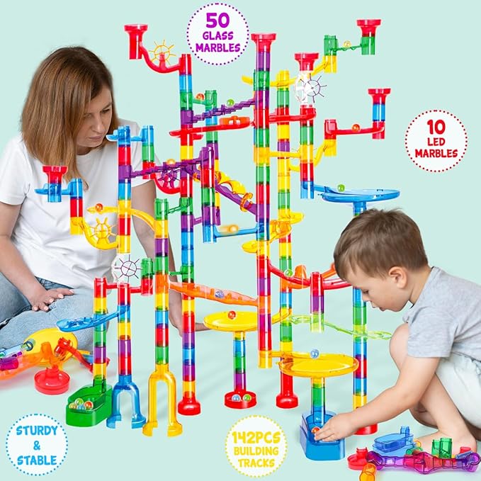Meland Marble Run - 208Pcs Marble Maze Game Building Toy for Kids, Marble Track Race Set & STEM Learning Toy Gift for Boy Girl Age 4 5 6 7 8 9+(142 Pcs + 60 Glass + 5 Led Lighted Marbles)