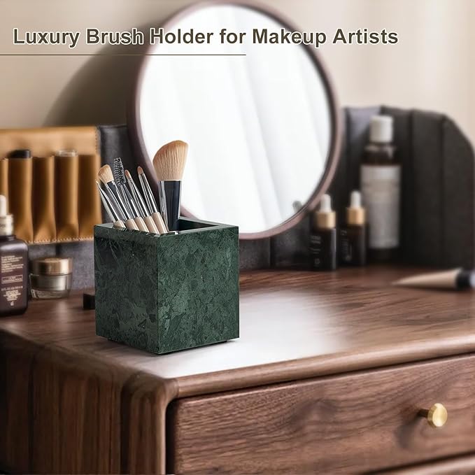 Real Natural Marble Toothbrush Holder & Pen Holder & Makeup Brush Holder, Genuine Stone Rectangular Bathroom Tumbler Cup, Durable Office & Home Countertop Organizer