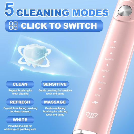 JTF Sonic Electric Toothbrush - with Travel Case and 6 Brush Heads, Fast Charging toothbrushes for 60 Days Long Lasting, 5 Modes Power Toothbrush for Women, Pink