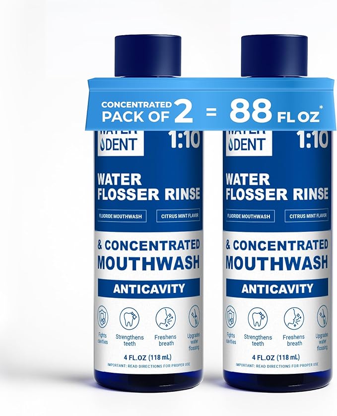 Fluoride Mouthwash & Water Flosser Аdditive | Add to Oral irrigator | Citrus Mint Flavor | Alcohol Free, Made in USA | Concentrated 1:10 = 44 fl.oz, Pack of 2 Bottles