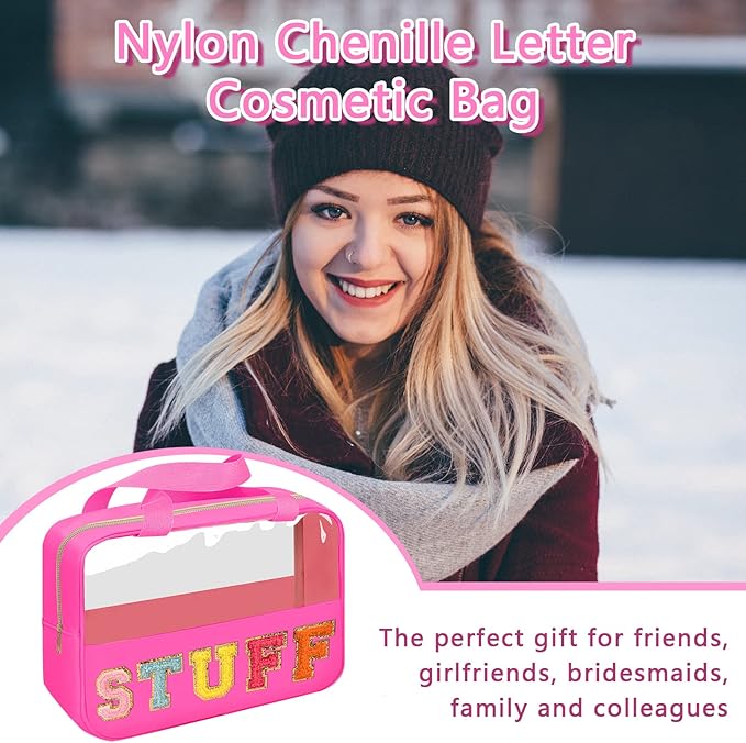 Chenille Letter Patch Stuff Bag, Preppy Clear Makeup Cosmetic Bag Large Toiletry Storage Tote Bag with Handle, Transparent Nylon Waterproof Organizer Zipper Pouch for Travel Women Girls(Rosered)