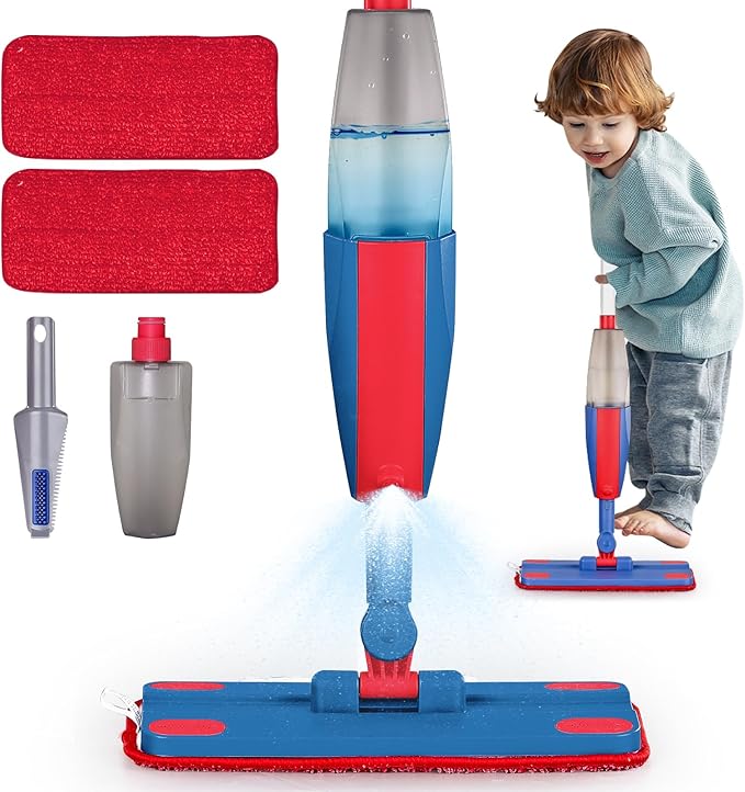 Kids Spray Mop Real with Sprayer + 2PCS Mop Pads, Toddler Cleaning Tool Real Works for Realistic Housekeeping Cleaner Pretend Play Toys Montessori Mini Mop & Sweeper for Kids Aged 3+
