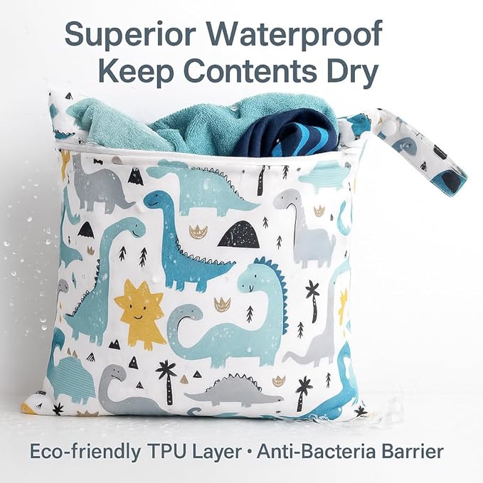 Waterproof Wet Dry Bag, Reusable Diaper Pouch with Zipper, Machine Washable Travel Organizer for Beach, Daycare, Kids, Dinosaur Pattern (White Dino)