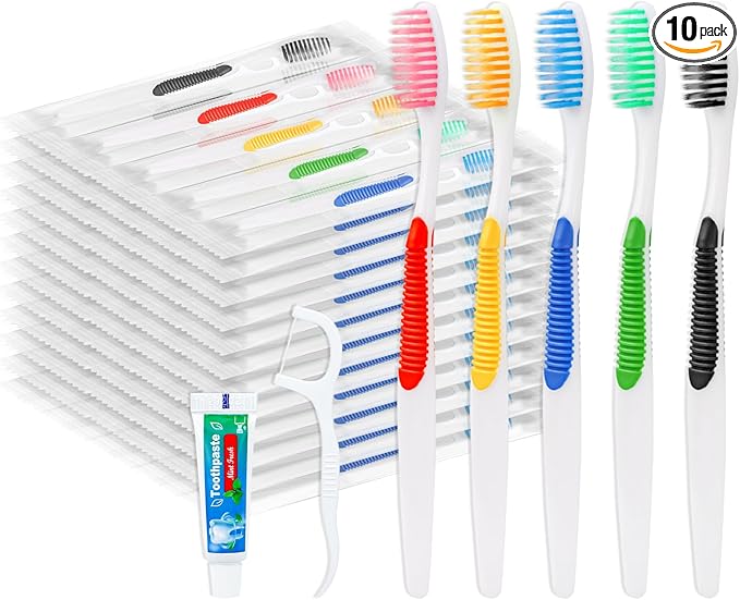 Disposable Toothbrushes with Toothpaste and Floss,10 Pcs 3 in 1 Individually Wrapped Single Use Travel Toothbrushes and Dental Floss Kit Bulk for Homeless,Guests,Dentist,Hotel(5 Colors)