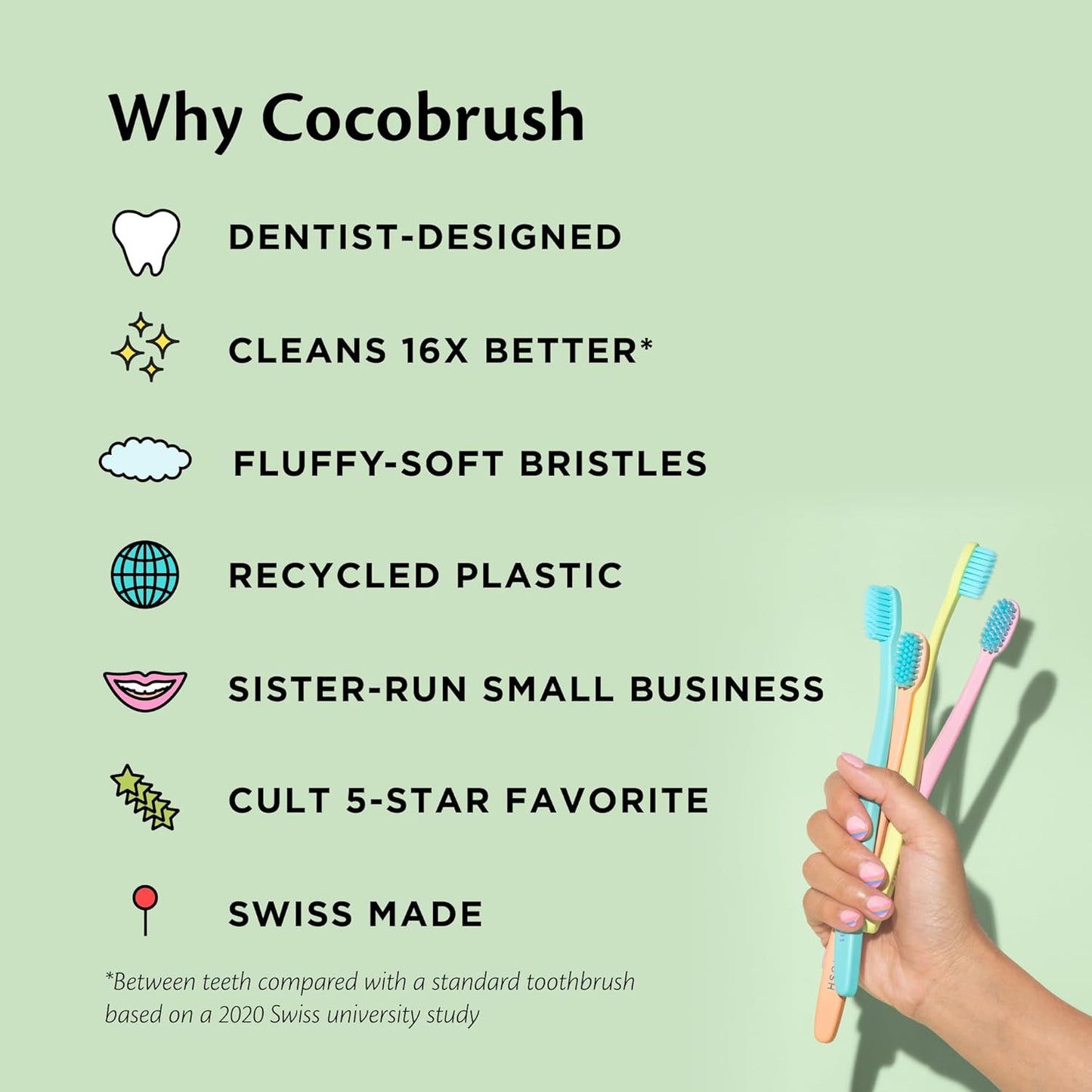 Cocofloss Cocobrush, Ultra-Soft Manual Toothbrush, Dentist-Designed, Gentle on Gums, Made from Recycled Plastic, Rainbow Set, Multipack of 4