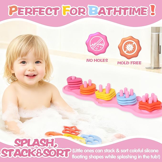 Toddler Bath Toys, Mold Free Silcone Shape Sorting & Stacking Bath Toy Set with 20 Textured Floating Pieces, No Hole Design, Silicone Color & Shape Sorter for Baby Early Learning Bathtub Fun