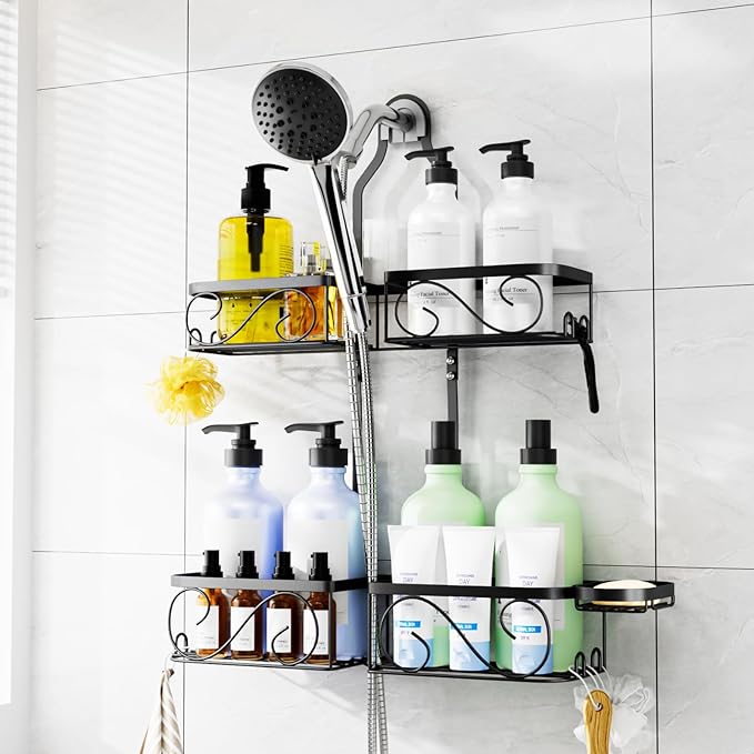 Kadolina Shower Caddy Hanging for Handheld Showerheads, Rustproof Stainless Steel Shower Organizer, Bathroom Organizer Rack with Soap Dish and Hooks for Razor/Sponge, Black