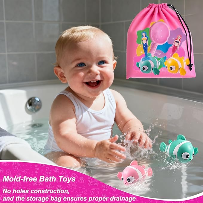 Baby Bath Toys for Kids - 20 PCS Little Mermaid Dolls, Wind Up Swimming Fish, Balls, Scoop and Storage Bag. Mold-Free Toddler Water Toys for Bathtub and Pool Diving, Gift for Girls Ages 1-3, 4-8