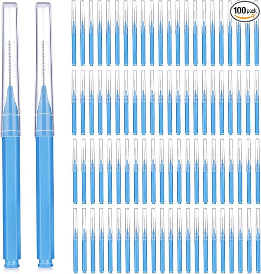 Patelai 100 Pieces Braces Brush for Cleaner Interdental Brush Toothpick Dental Tooth Flossing Head Oral Dental Hygiene Flosser Toothpick Cleaners Tooth Cleaning Tool(Blue,Proper Size)