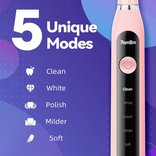 7AM2M Sonic Electric Toothbrush for Adults High Power Rechargeable Toothbrushes with 6 Brush Heads,5 Adjustable Modes, Built-in 2-Minute Smart Timer,3 Hours Fast Charge for 45Days Pink