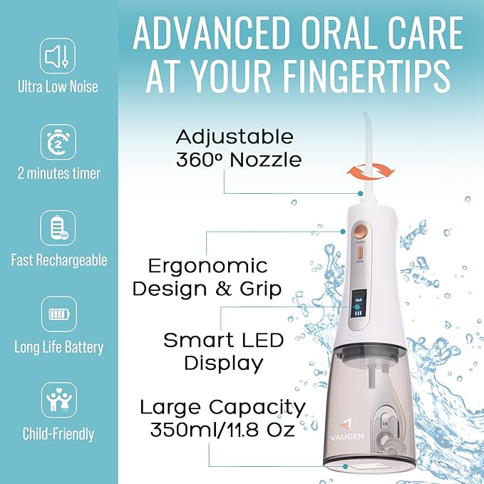 Portable Water Flosser – Cordless Oral Irrigator for Teeth Cleaning | 8 Jet Tips and 5 Modes | Travel and Home Use | Rechargeable and IPX7 Waterproof – White