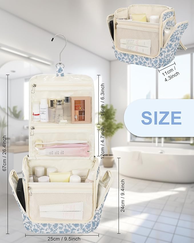 Relavel Hanging Toiletry Bag for Women Travel Makeup Bag Cosmetic Organizer Toiletries Bag for Travel Size Essentials Accessories Shower Caddy Bag for Bathroom Beach Gym, Floral Print