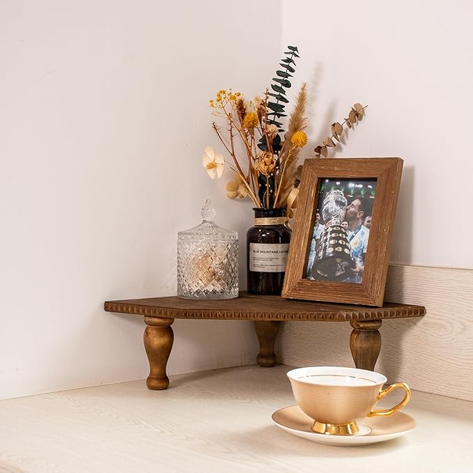 Wood Corner Counter Shelf Framehouse Decorative Tray Stand for Kitchen Bathroom Riser Organizer Coffee Bar Display Shelf with Detachable Legs (Lightbrown)