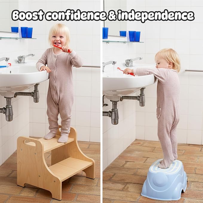 Toddler Step Stool for Kids, Toddler Kitchen Stool Helper with Handles & Non-Slip Pads, Wooden 2-Step Stool for Toddlers for Bathroom Sink, Potty Training, Kitchen & Bedroom 300lbs Capacity(Natural)