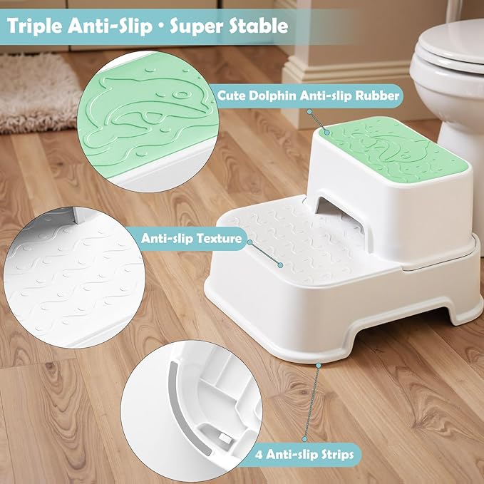 2-Step Stool for Kids - Toddler Anti-Slip Step Stool for Bathroom Sink/Toilet Potty Training/Kitchen Counter, 10" Height, 220 lbs Capacity, Durable & Stable (2Packs Green)