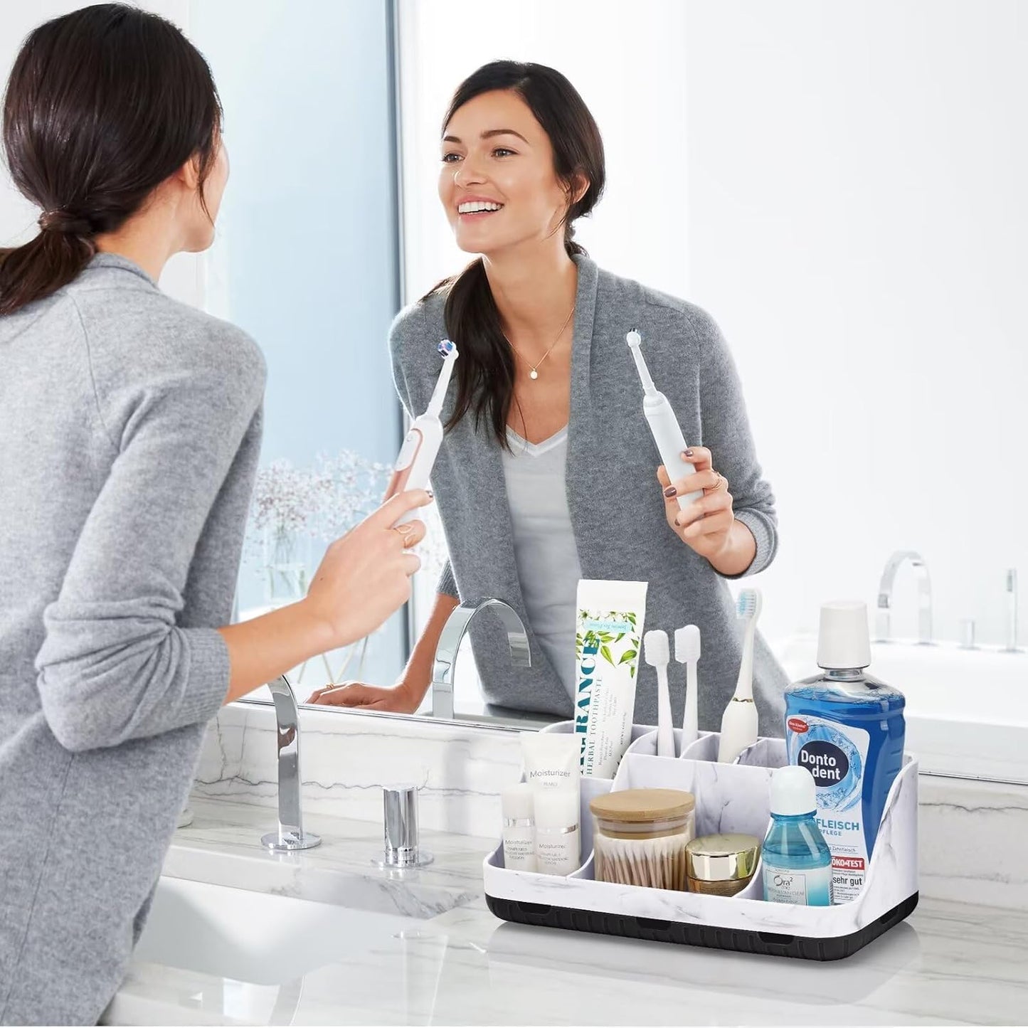 Marble Bathroom Countertop Organizer - Detachable 7 Slots Kids Electric Toothbrush and Toothpaste Holde Drainage for Bathroom Accessories Organization Counter Vanity Storage, Black