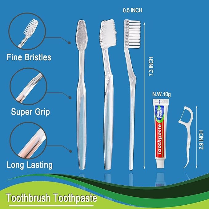 500pcs Disposable Toothbrushes with Toothpaste Floss Individually Wrapped, 2 Color Disposable Toothbrush,10g Toothpaste,Floss Pick,Bulk Toothbrush Kit for Homeless,Airbnb,Hotel