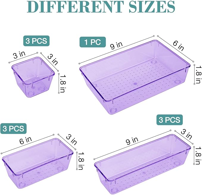 10 PCS Drawer Organizer Set, 4 Varied Size Bathroom and kitchen Drawer cabinet organizer Trays, Clear Storage Bins for Makeup, Jewelry, Utensils and Gadgets, Purple