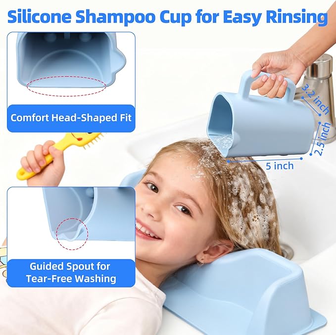 Portable Hair Washing Station for Kids – Soft Silicone Shampoo Basin with Neck Support & Rinse Cup | Fits Sink & Bathtub | Splash-Free Shampoo Buddy Set for Toddlers & Children
