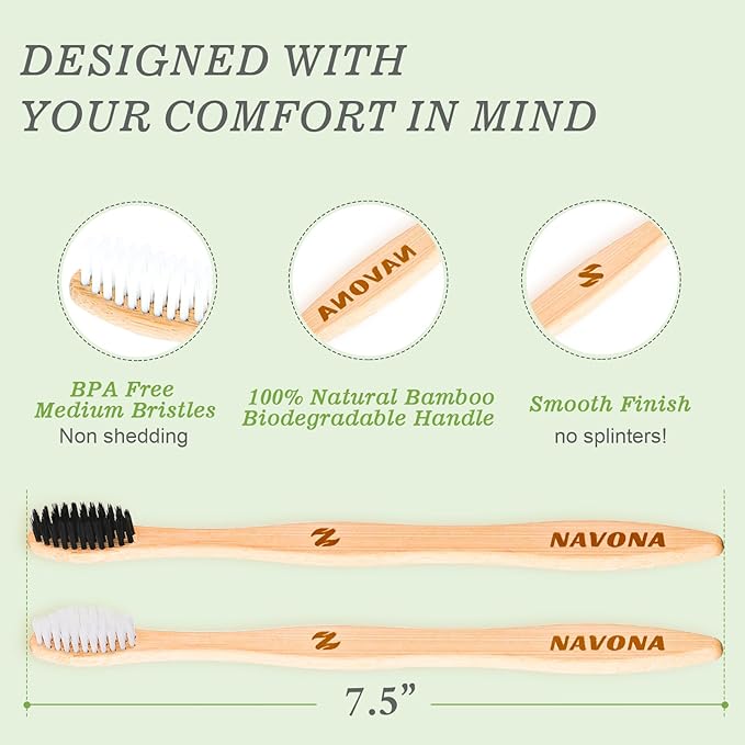 Navona 30 PCS Bamboo Toothbrushes Pack, BPA Free Medium Soft Bristles Toothbrushes for Adults, Eco-Friendly Natural Wooden Toothbrush Bulk, Box of Two Reusable Travel Toothbrush