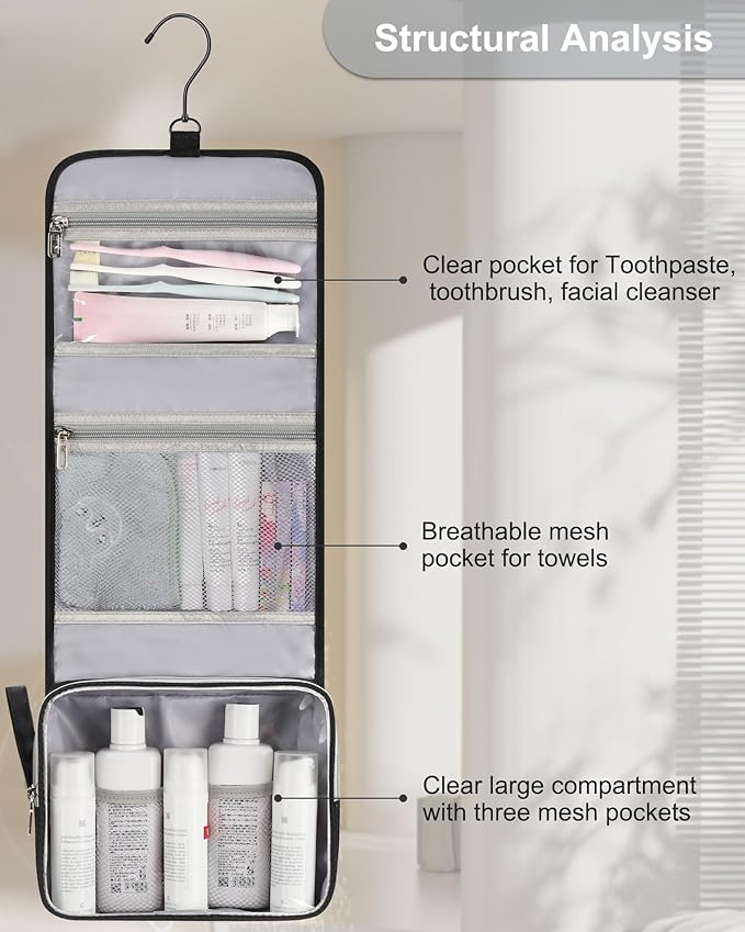 Small Hanging Toiletry Bag for Men and Women, Portable Hanging Organizer for Travel-Sized Shower Dopp Kit, Makeup Accessories, Waterproof Toiletries Organizer with 3 Compartments for Outdoor - Black