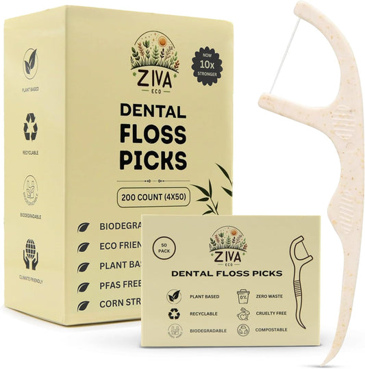 Biodegradable Dental Floss Picks for Teeth, 200 Count, Corn Straw Floss Picks, PFAS Free. Unflavored Flossers, Plant Based, Shred Resistant Floss for Adults & Kids