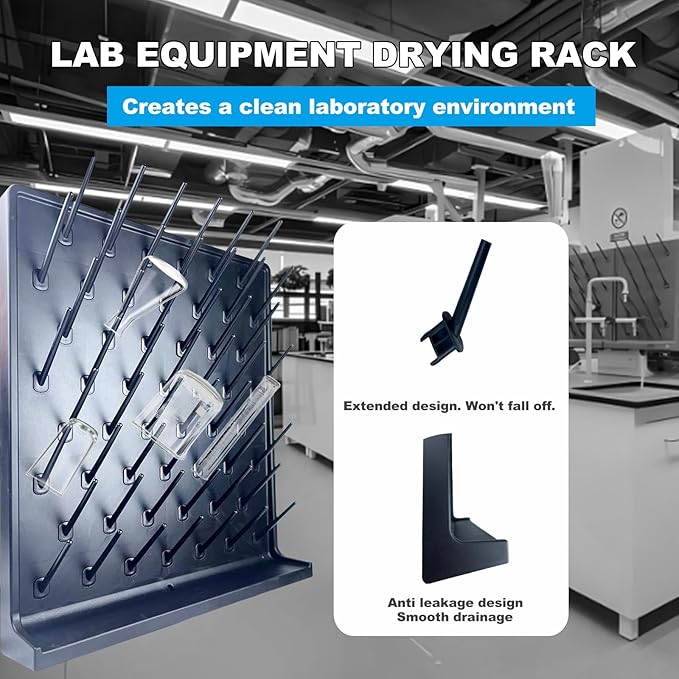Lab Drying Rack 52 Pegs Laboratory Cabinets Glass Drying Racks Wall-Mount Black Cleaning Frame for School Laboratory Utensils Hidden Installation