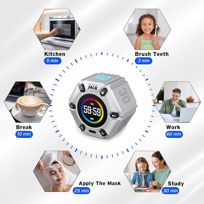 Jack Pomodoro Timer - Productivity Cube & Visual Focus Timer, Mute & Vibration & Adjustable Sound Alert, for Office, ADHD, Study & Work, 3/5/10/25/30/60min & Custom Countdown - Silver