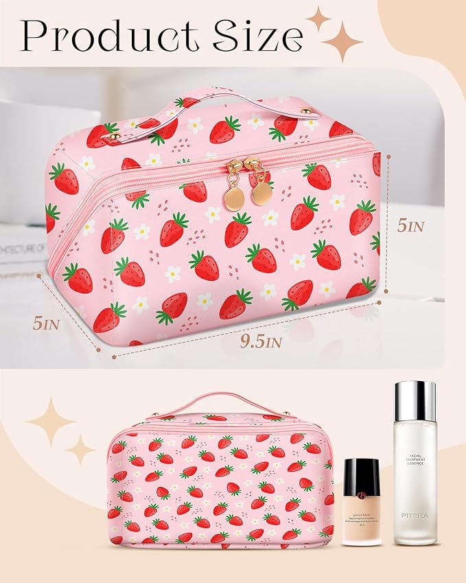 Bistup Makeup Bag Travel Cosmetic Bag Toiletry Make Up Bags Cute Women Large Capacity Big Medium Leather Strawberry Portable Teen Girls Teenage Kawaii Foldable Expandable Compact Open Flat Zip