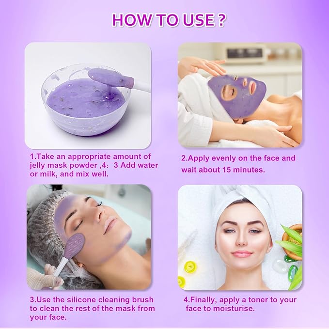 Jelly Mask Powder for Facials,Lavender Jelly Masks for Facials Professional,Jelly Face Mask,Hydrating, Brightening & Nourishing,DIY SPA Rubber Mask,with double-ended silicone brush,23 Fl Oz