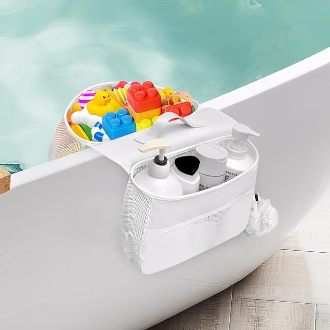 Blingbin Bath Toy Organizer, 2 Compartments Bathtub Toy Storage Organizer, Quick Access Bath Toy Holder for Bathtub, Quick Dry Wide Opening Mesh Shower Toy Holder for Kids Toddlers