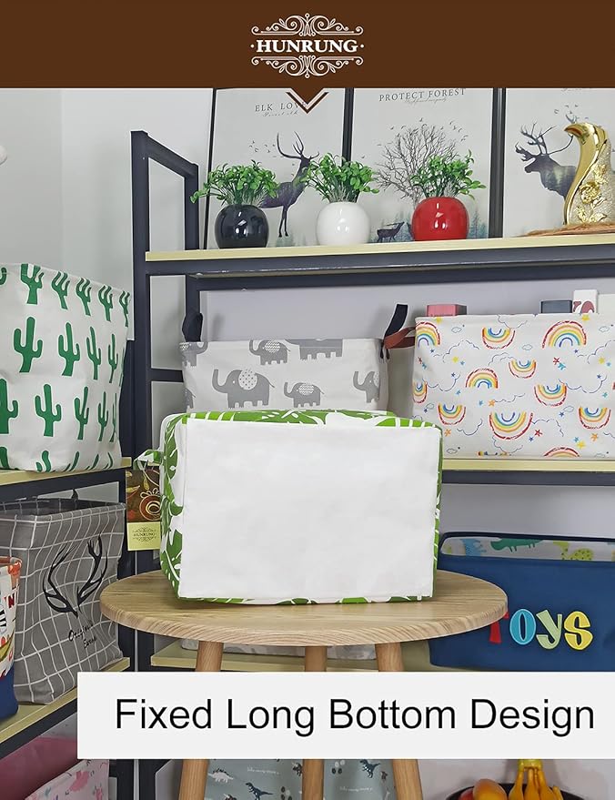HUNRUNG Rectangle Storage Basket Cute Canvas Organizer Bin for Pet/Children Toys, Books, Clothes Perfect for Rooms/Playroom(Leaf)