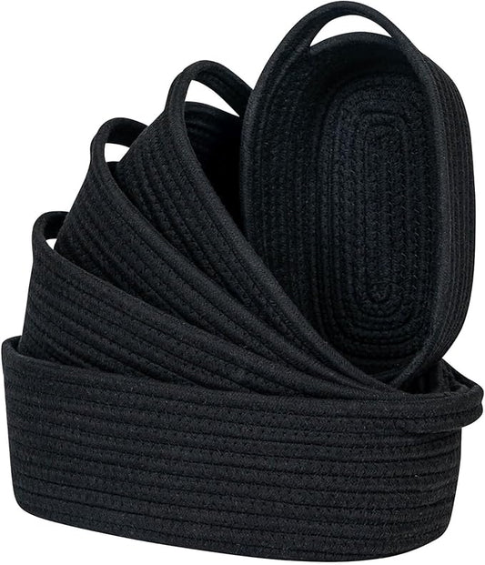 CubesLand Small Cotton Rope Storage Basket Set 5, Shelves Baskets for Organizing with Handle, Decorative Closet Storage Bins for Countertop Toilet Paper Basket for Toilet Tank Top,Black Basket