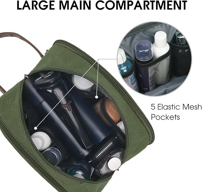 WANDF Travel Toiletry Bag for Men Large Toiletries Shaving Bag Water Resistant Hanging Dopp Kit Travel Accessories Bag for Women Men (Green)