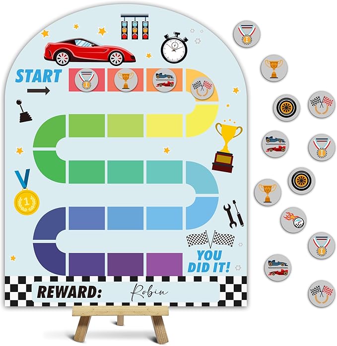 Race Theme Wooden Reward Chart, Behavior Reward Charts, Incentive Responsibility Chart for Boys Kids Toddlers Chore Homework Good Habits Assignments Attendance, 05