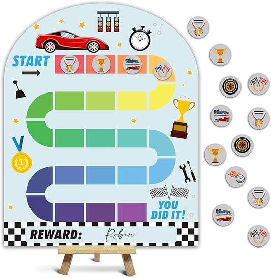Race Theme Wooden Reward Chart, Behavior Reward Charts, Incentive Responsibility Chart for Boys Kids Toddlers Chore Homework Good Habits Assignments Attendance, 05