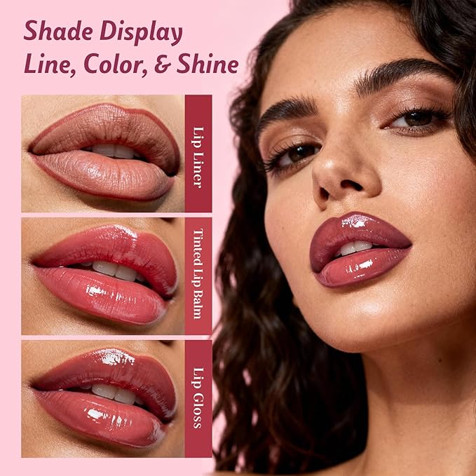 KIMUSE 3PCS Lip Combo Set - Matte Lip Liner Pencil + Hydrating Tinted Lip Balm + Juicy Lip Gloss Tint, Non-Sticky, Long-Lasting, High Pigment Lip Makeup Kit (Juicy Plum Set)