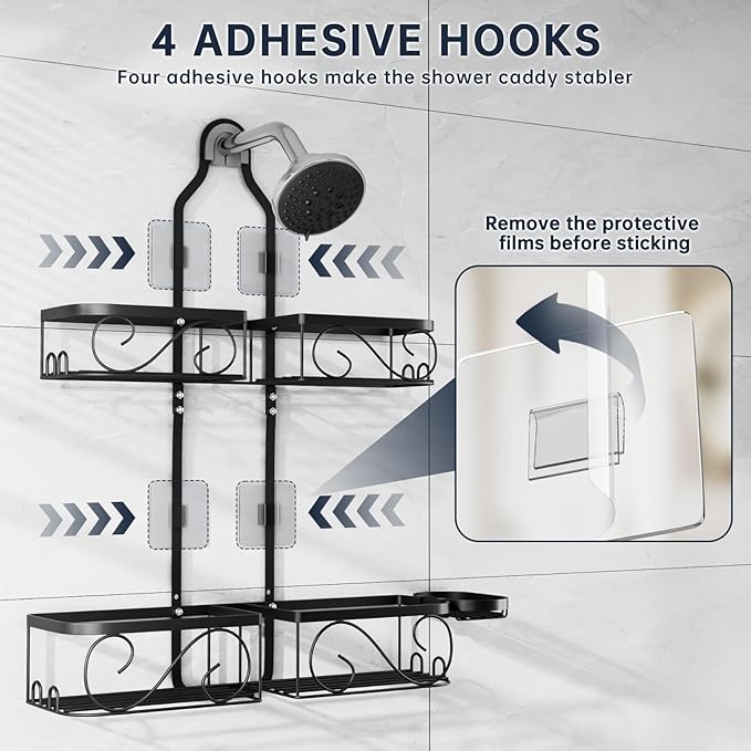 Kadolina Shower Caddy Hanging for Handheld Showerheads, Rustproof Stainless Steel Shower Organizer, Bathroom Organizer Rack with Soap Dish and Hooks for Razor/Sponge, Black