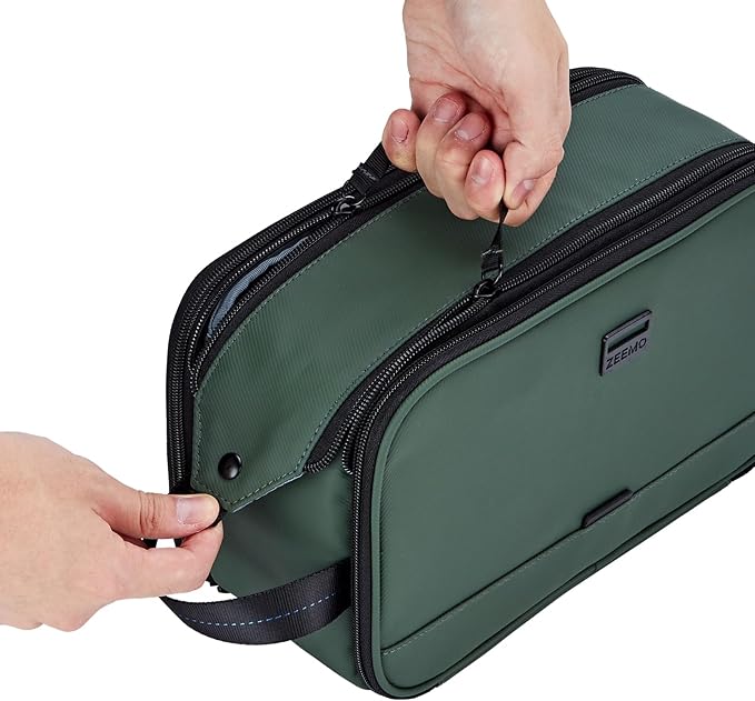 ZEEMO Travel Toiletry Bag for Men, Medium Water-Resistant Double-Sided Full-Open Dopp Kit, Versatile Organizer for Shower and Hygiene Accessories, Bathroom Essentials, Cosmetics, Green
