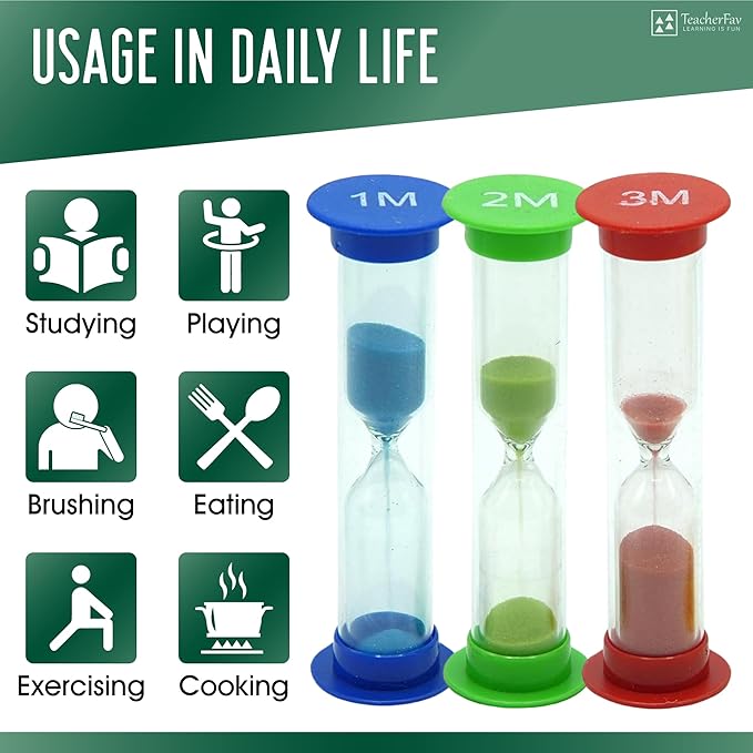 Sand Timer for Kids Set of 8 Small Colorful Hourglass Acrylic Covered Clock 30Sec 1Min 2Min 3Min 4Min 5Min 6 Min 10 Min for Classroom, Home & Kids Room